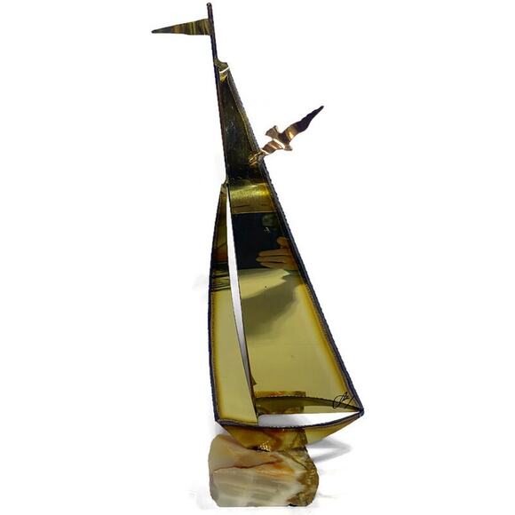 Sailboat Nautical Metal Art Brass Copper & Steel On Stone Onyx Base Set of Two - Picture 9 of 10